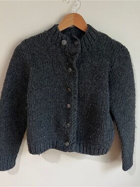 Vtg 60s Handknit Wool Aran Cardigan Sweater With Cool Buttons Chunky Knit